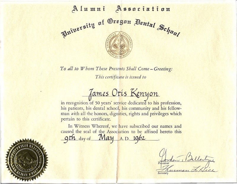 U of O 50 year certificate JO Kenyon